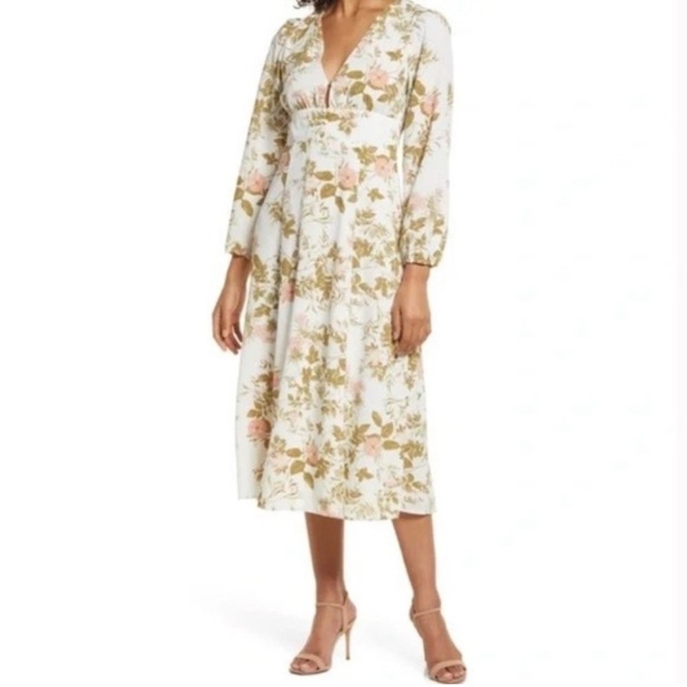 NWT 1.STATE V-neck Long Sleeve Floral Midi Dress Greenhouse Vines Size 6
